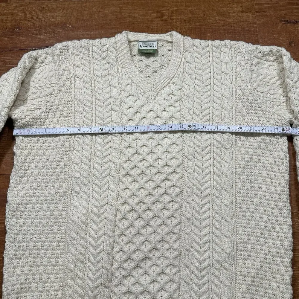 Shannon Woolen Mills Cable Knit Sweater Mens XL Ivory Merino Wool V Neck Ireland